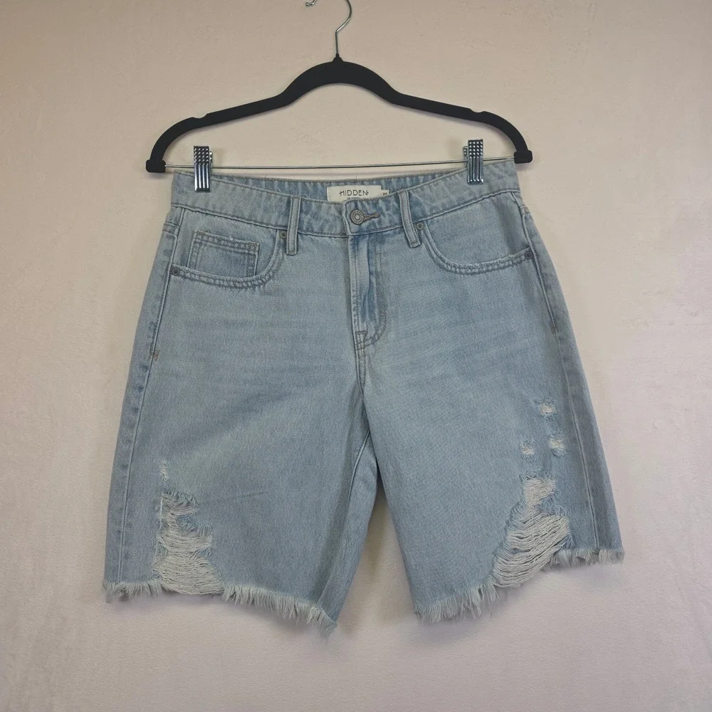 Y2K Hidden Denim Shorts Womens XS Light Wash Distressed Baggy Grunge Skater Edgy